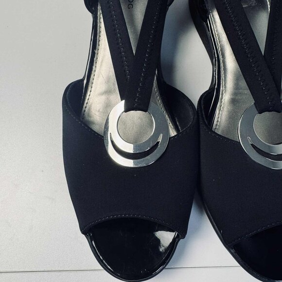 London Fog Collection Black Peep Toe Wedge Sandals – Size 10M - Picture 3 of 13